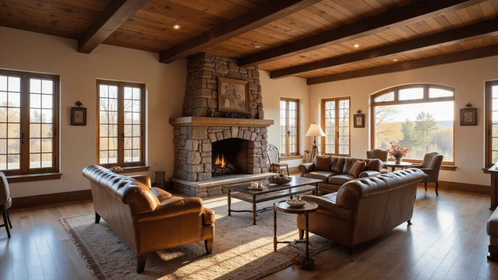 "Rustic living room with wooden ceiling beams, stone fireplace, leather sofa, vintage armchairs, and sunlight streaming through tall windows"