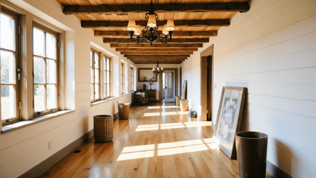 "Rustic farmhouse hallway with sunlit oak floors, exposed beams, white shiplap walls, and vintage decor"