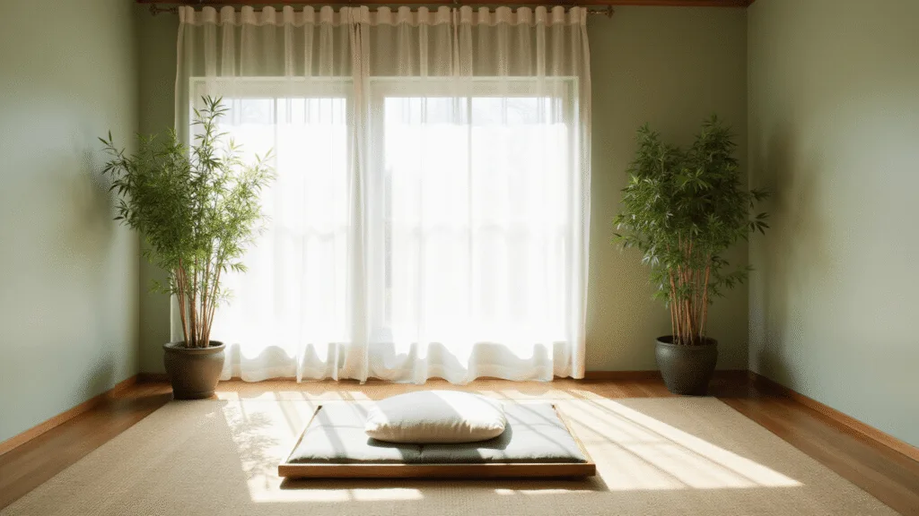 "Serene meditation room with sage green walls, bamboo plants, natural light through sheer curtains, and a zafu cushion on a minimalist design"