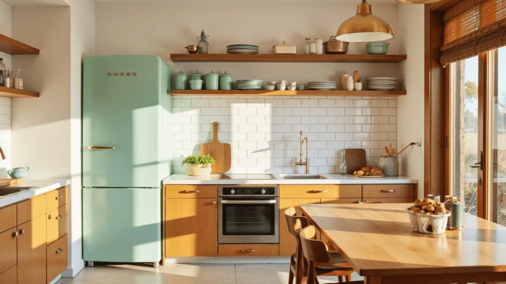 "Vintage modern kitchen with mint SMEG fridge, brass pendants, sunlit oak shelves, mid-century furniture during golden hour"