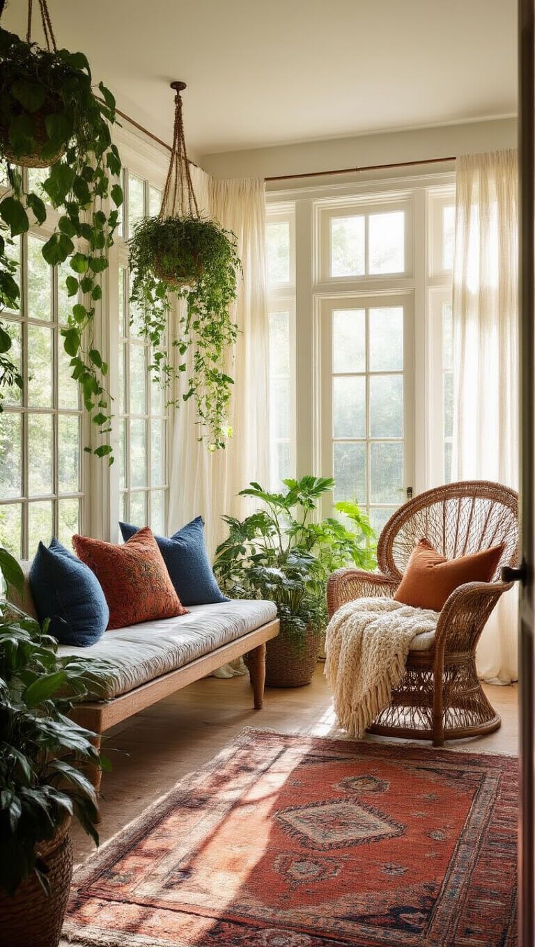 Sunlit sunroom with floor-to-ceiling windows, vintage rattan chair, hanging pothos, teak bench with kilim pillows, and layered Persian rugs in warm afternoon light.