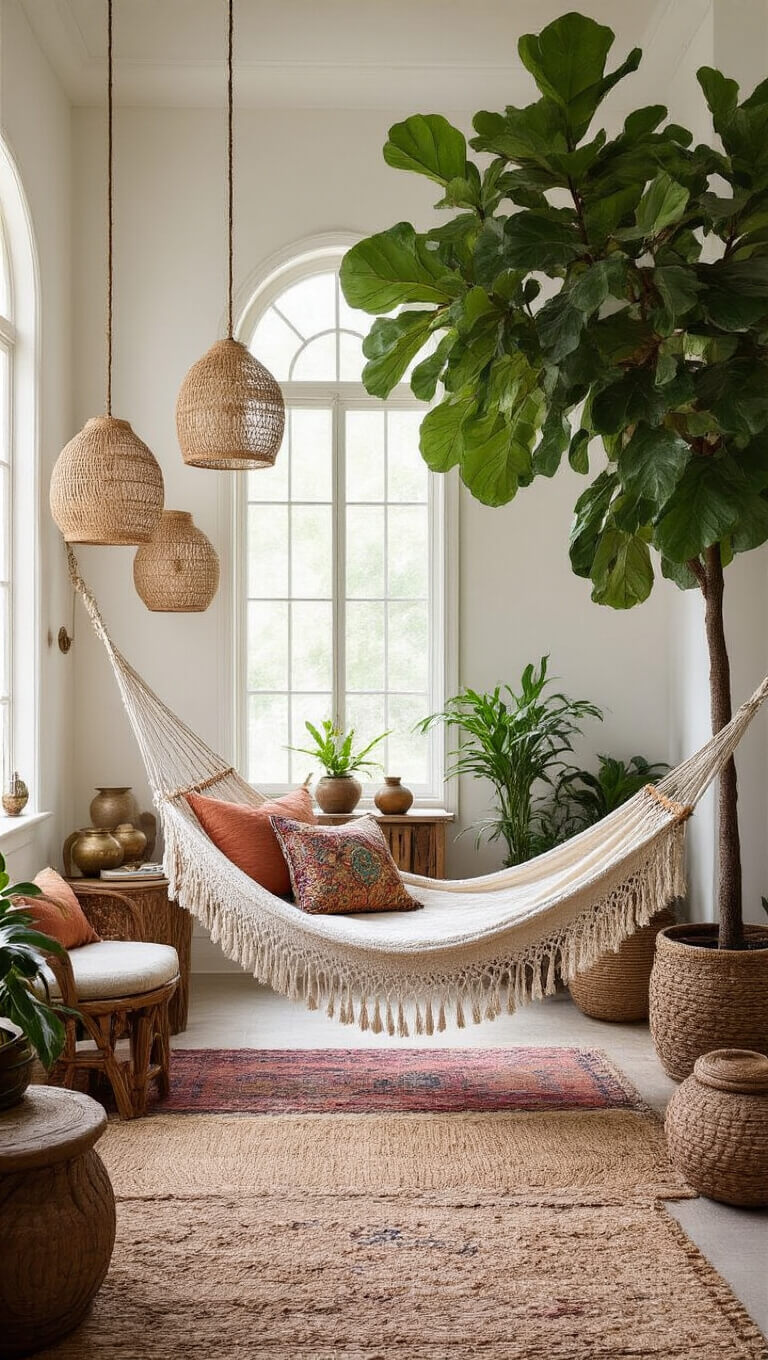 Boho-style room with whitewashed walls, tall fiddle leaf fig, hammock with jewel-toned cushions, layered rugs, carved wood tables with ceramics, and rattan pendant lights hanging from high ceiling.