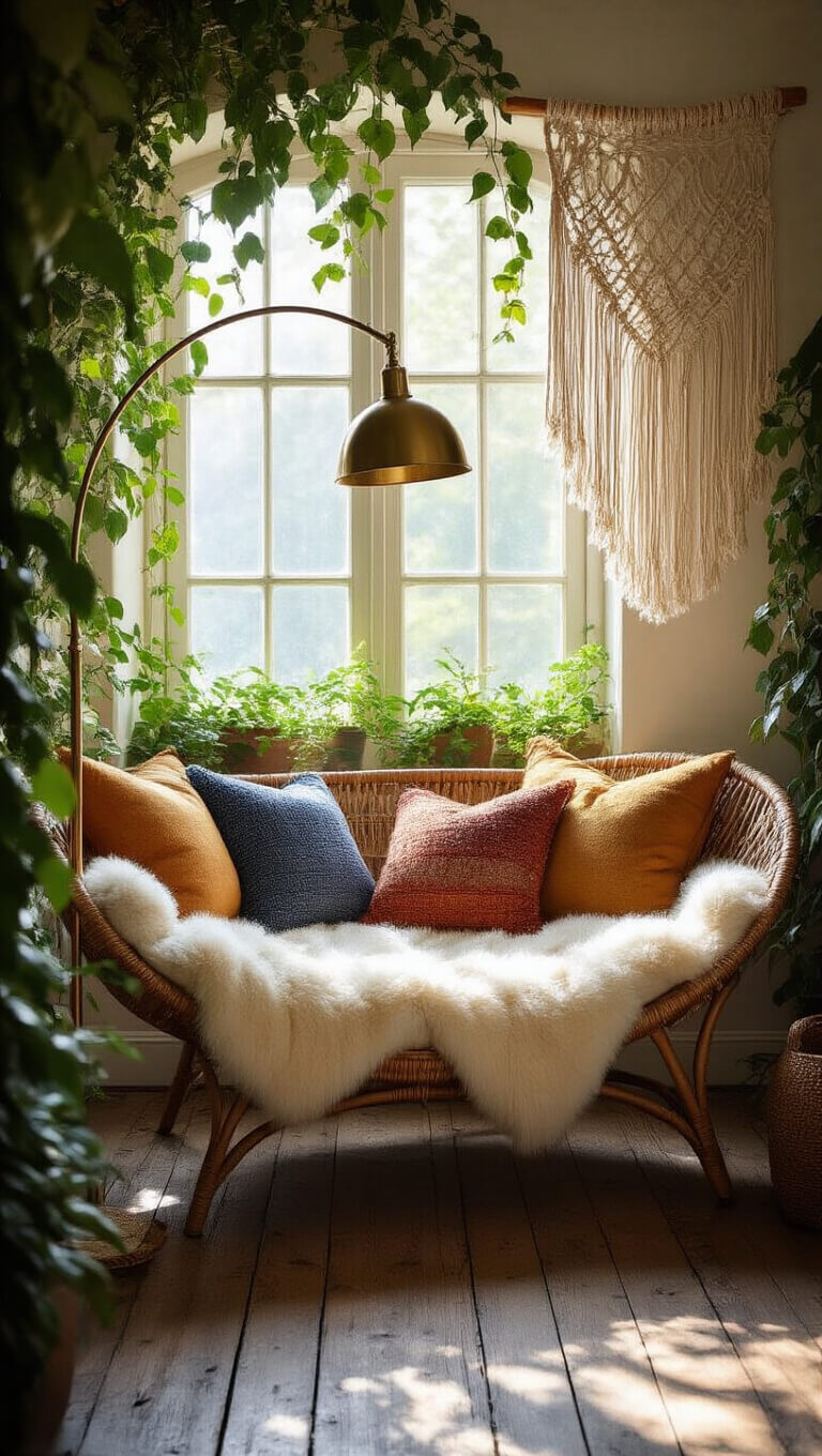 Cozy reading nook with curved rattan lounger, vibrant pillows, and sheepskin throw, framed by macrame art and ivy-filtered morning light.