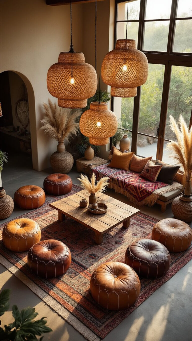 Overhead view of a bohemian-style 16x20ft entertaining space with vintage leather poufs, jewel-toned cushions, a reclaimed wood coffee table, rattan pendant lights, and pampas grass decor during golden hour.