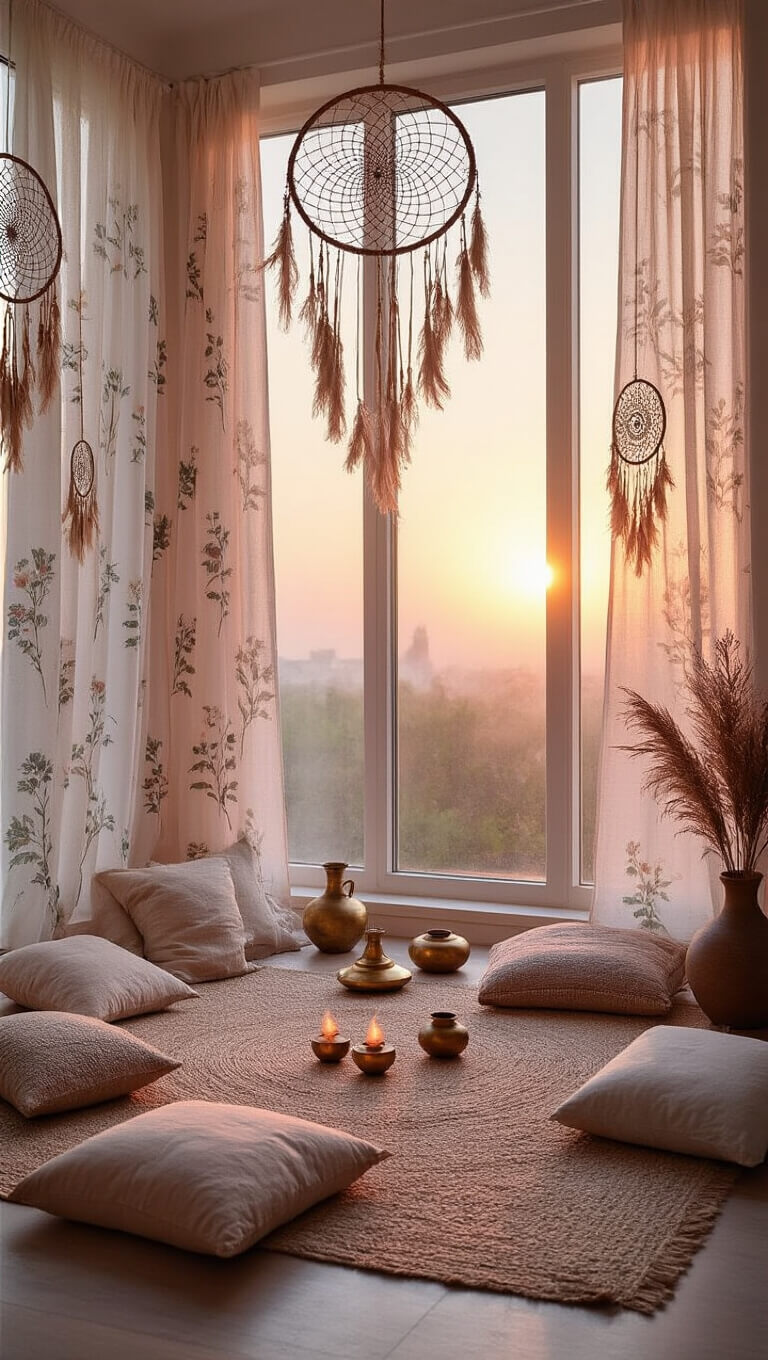 Sunlit meditation corner with floor cushions, sheer botanical curtains, dreamcatchers, and ceramic vessels glowing in soft pink morning light.