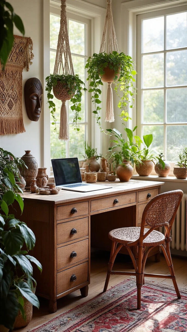 Close-up of a vintage wooden desk with handmade ceramics and trailing plants in macrame hangers, bathed in afternoon light from floor-to-ceiling windows.