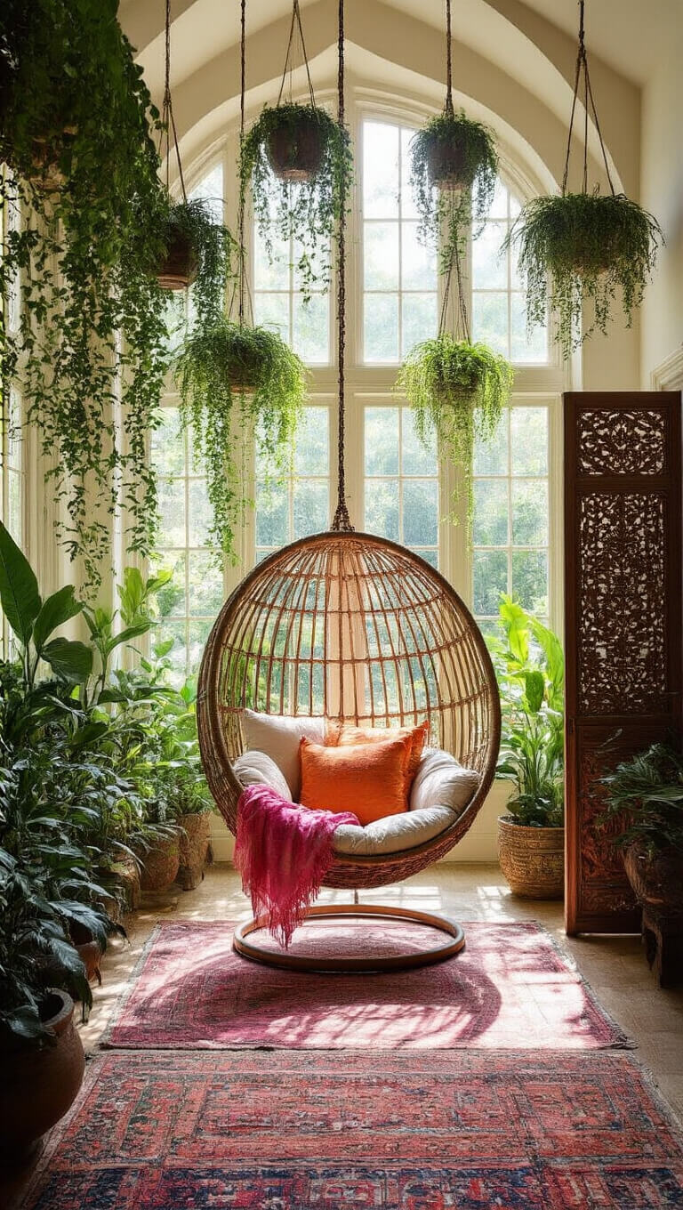 Vertical sunroom with 20ft ceiling, hanging rattan egg chair draped in pink and orange textiles, layered Turkish rugs, lush hanging plants, and carved wooden divider in bright noon light.