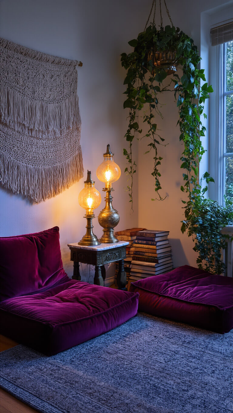 Cozy 10x12ft reading nook with velvet cushions, vintage oil lamps, stacked books, and hanging plants in warm, moody blue hour lighting.