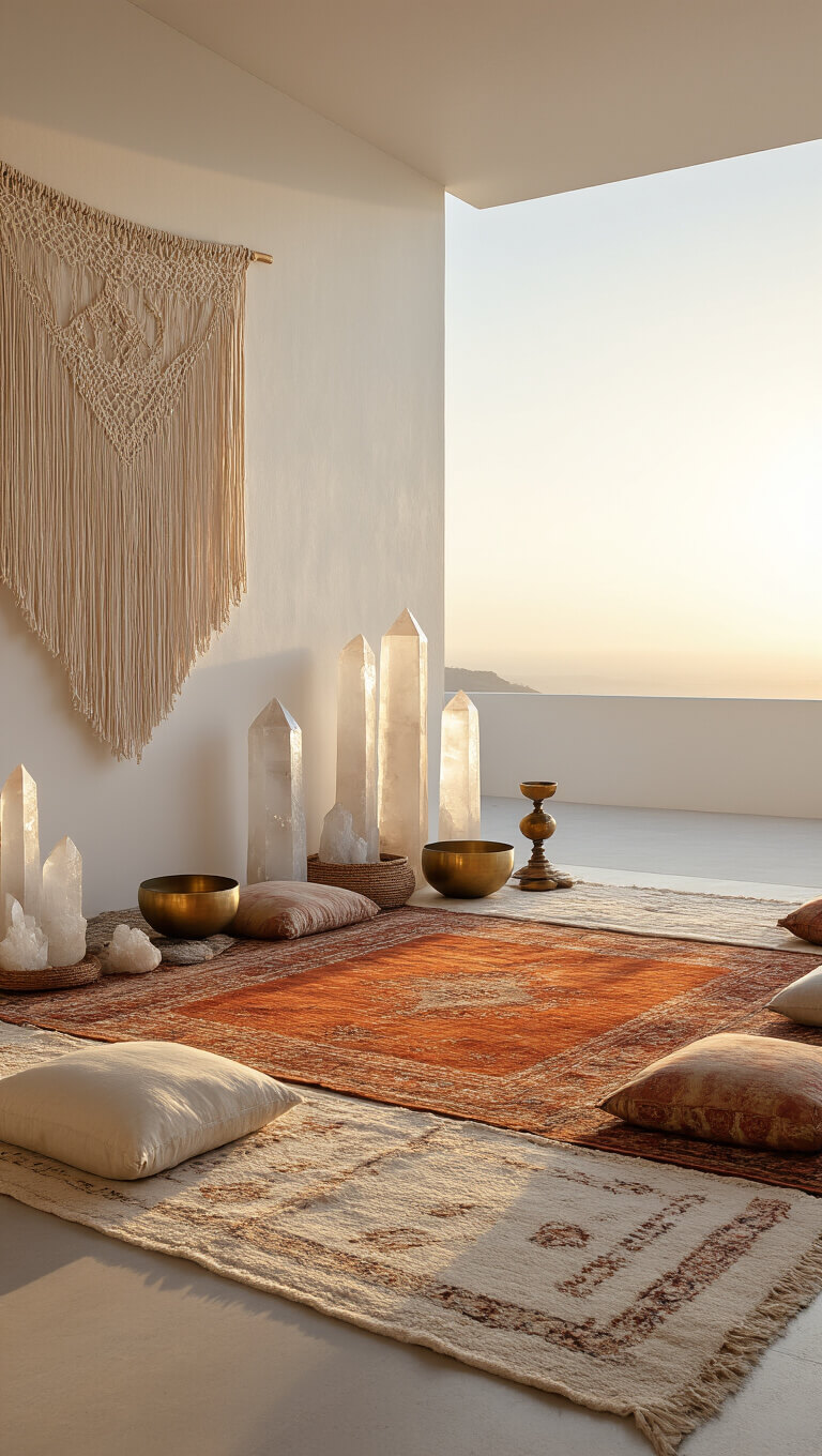 Ground-level view of a serene 16x20ft meditation space at dawn with low-profile seating on cream and rust Moroccan rugs, crystals reflecting morning light, a macrame wall hanging, and brass singing bowls.