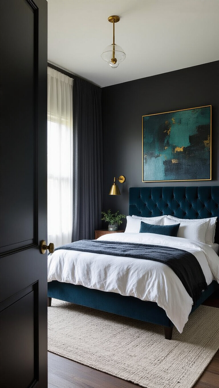 Modern 14x16ft bedroom with dark walls, velvet midnight blue headboard, white linens, charcoal throws, brass sconces, and abstract teal-and-gold artwork in soft afternoon light.