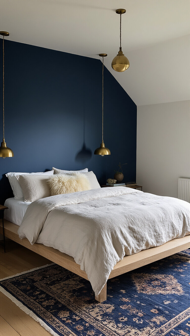 Moody blue hour bedroom with navy walls and ceiling, low oak bed with ivory linens, brass pendant lights, and layered indigo rugs.