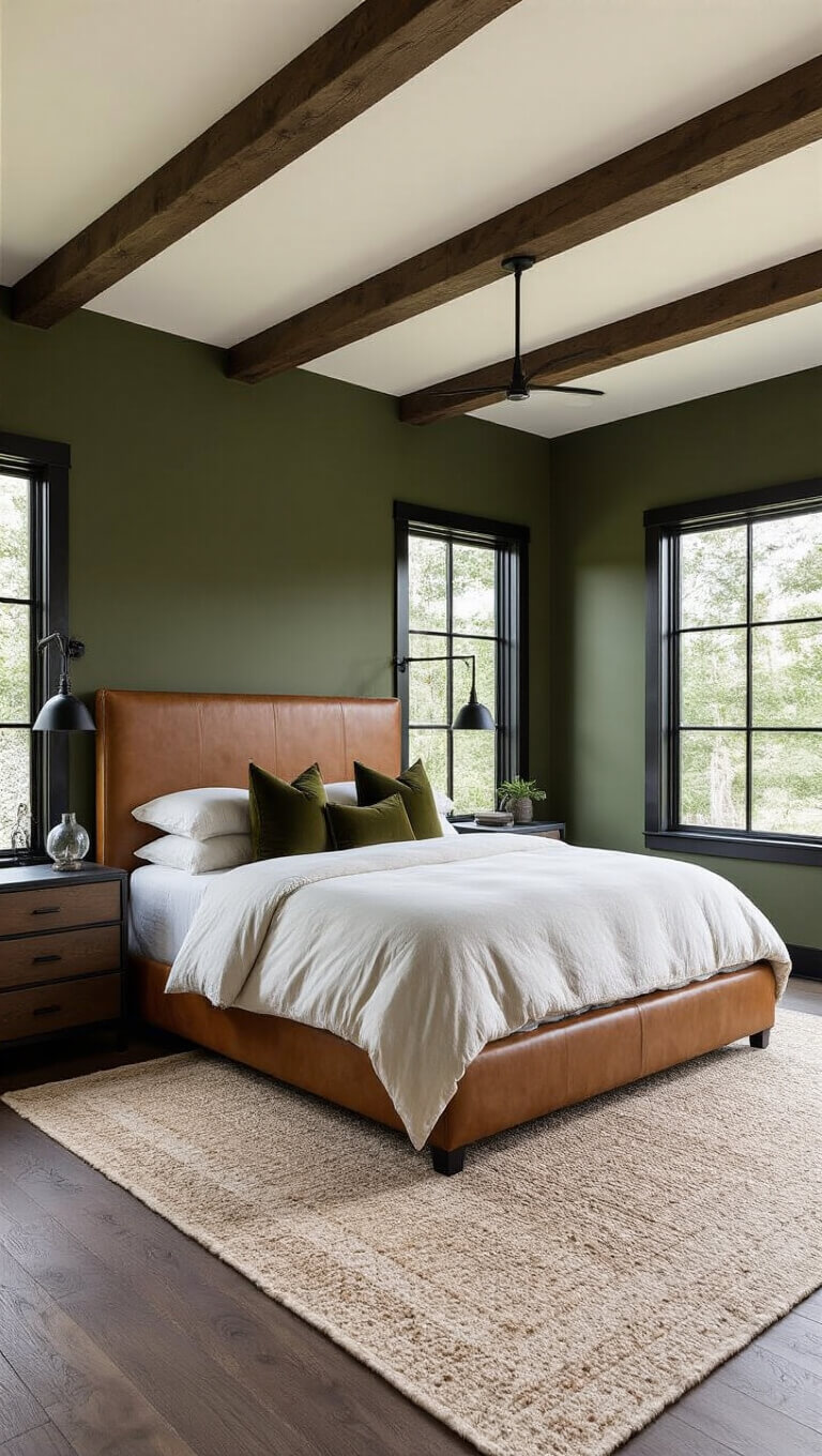 Primary bedroom with dark olive green walls and ceiling, large black steel windows, California king bed with cognac leather headboard, white linens, moss velvet pillows, and golden hour light highlighting textures.
