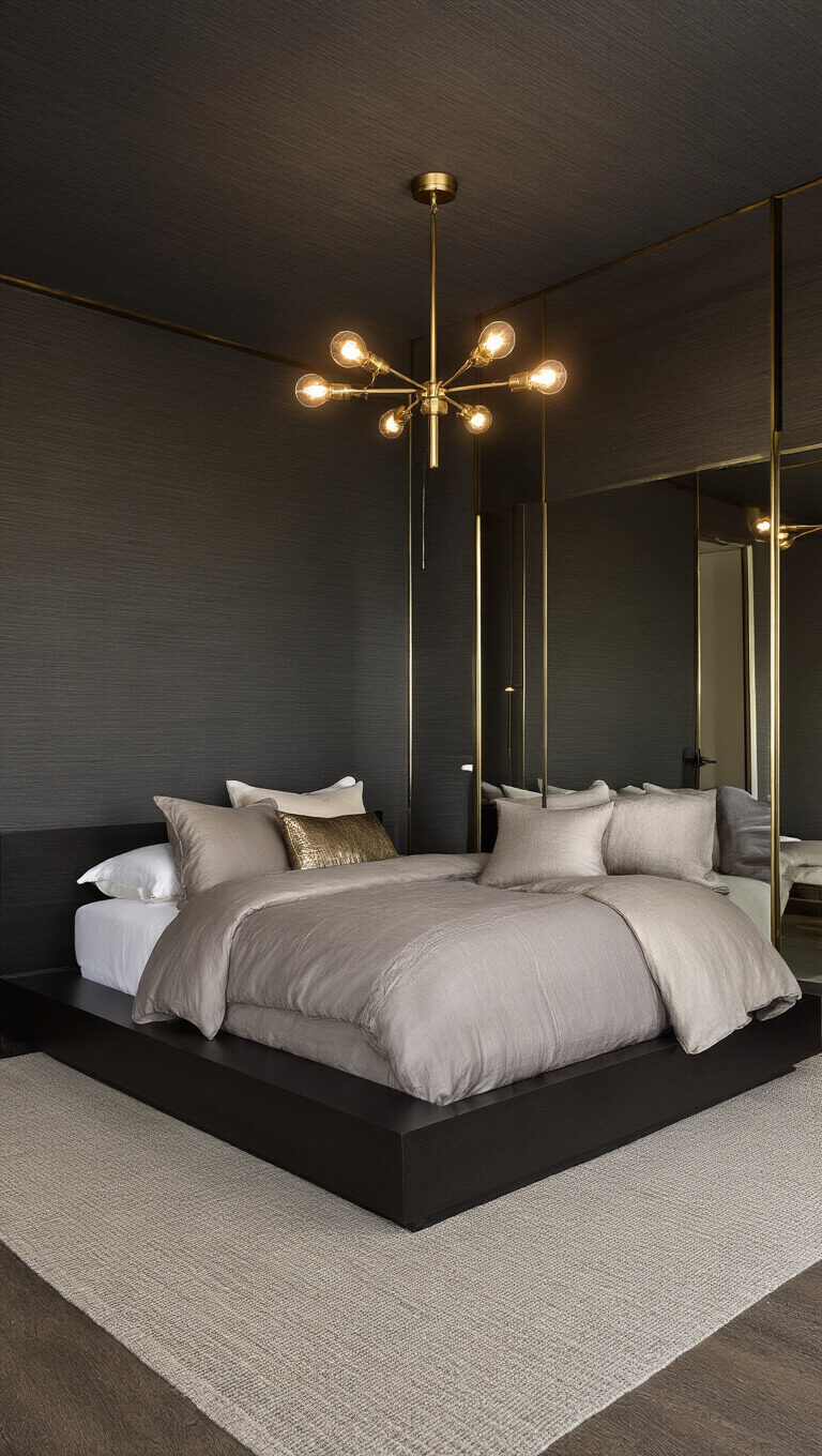 Minimalist 15x15ft bedroom at twilight with charcoal grasscloth walls and ceiling, centered ebonized oak platform bed under modern brass chandelier, greige linen and silk bedding with metallic pillows, and mirrored walls enhancing light and space.