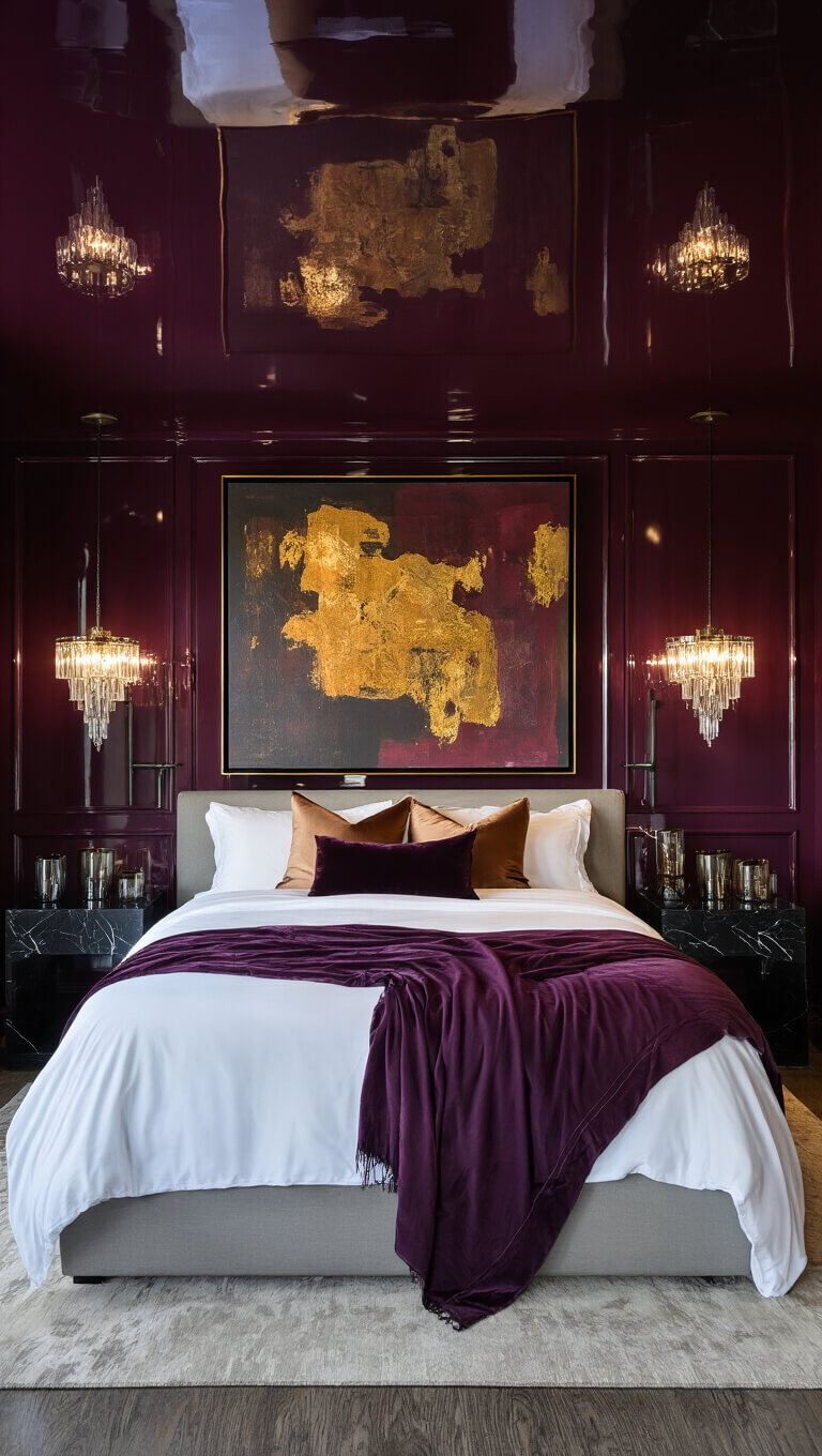 Dramatic 13x16ft bedroom at dusk with glossy dark aubergine walls and ceiling, white sateen king bed with plum and bronze accents, abstract art, crystal sconces, and moody lighting.