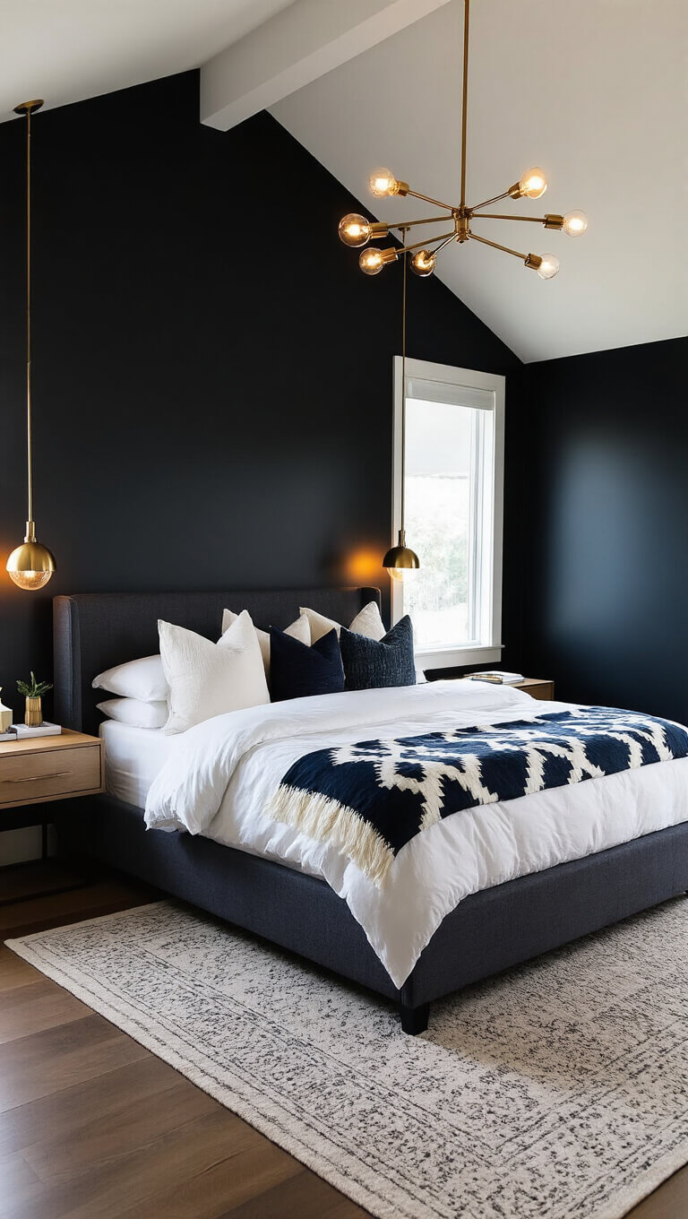 Contemporary 14x14ft bedroom with matte black walls, charcoal bouclé bed, white bedding, brass mobile chandelier, and warm LED-lit floating nightstands at morning twilight.