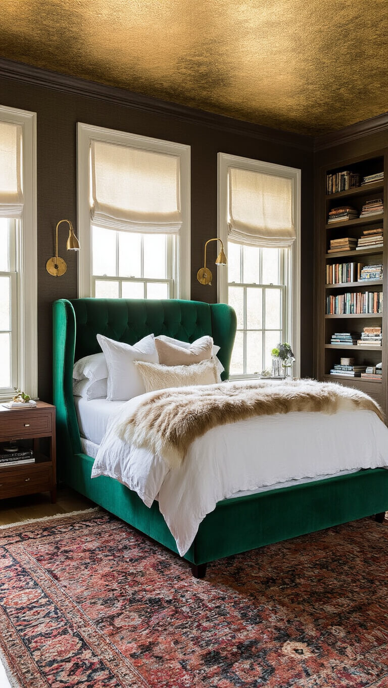 Luxurious bedroom with emerald velvet wingback bed, dark chocolate grasscloth walls, bronze-leafed ceiling, and golden hour light filtering through bronze mesh curtains.