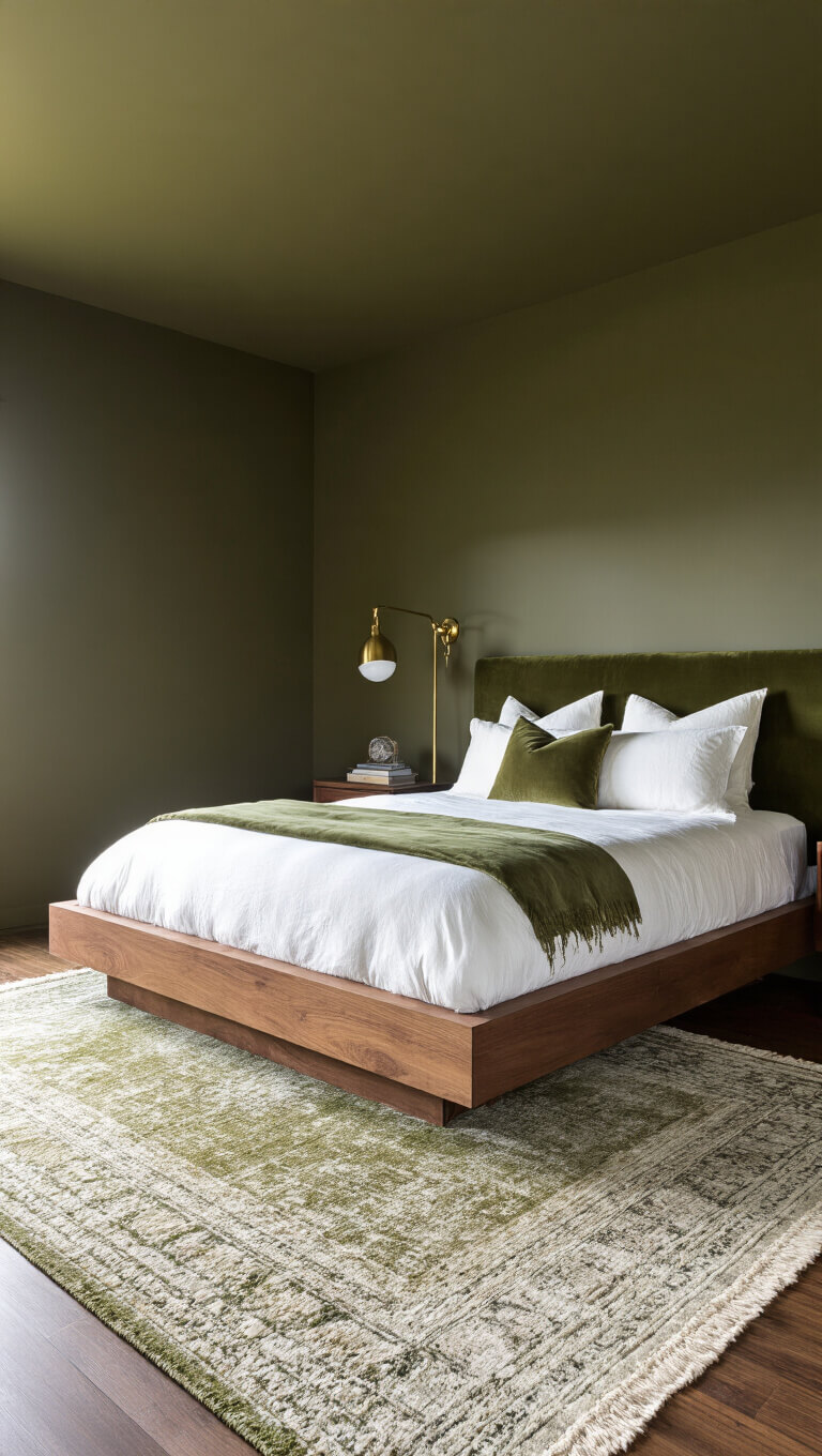 Sophisticated 14x15ft bedroom with dark olive walls, walnut platform bed, ivory linens, moss green accents, vintage brass lamps, and layered forest-toned rugs illuminated by morning and warm light.