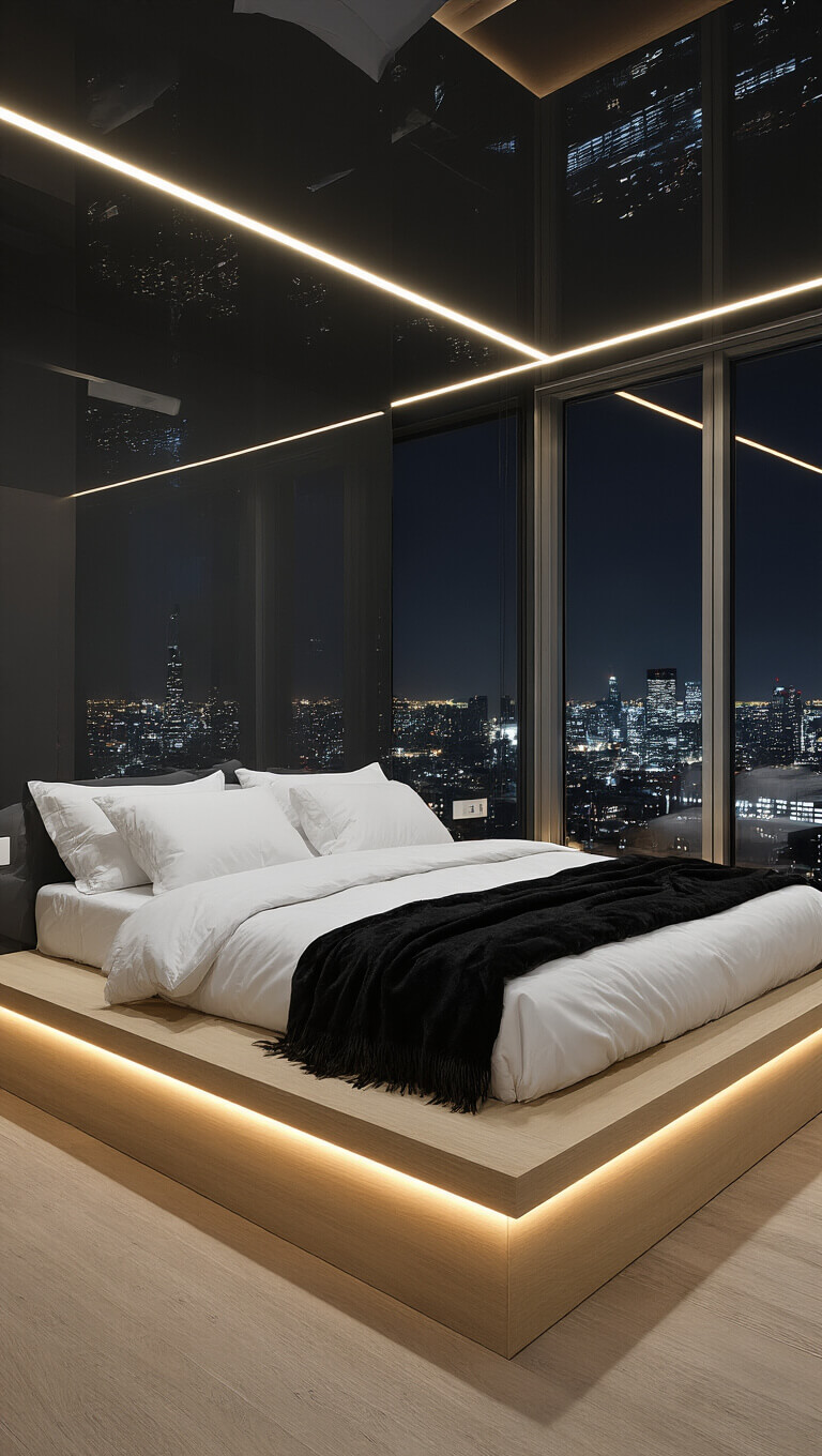 Modern urban bedroom at night with high gloss charcoal walls reflecting city lights, bleached oak floating bed, white bedding, black mohair throws, LED accent lighting, and floor-to-ceiling windows overlooking cityscape.