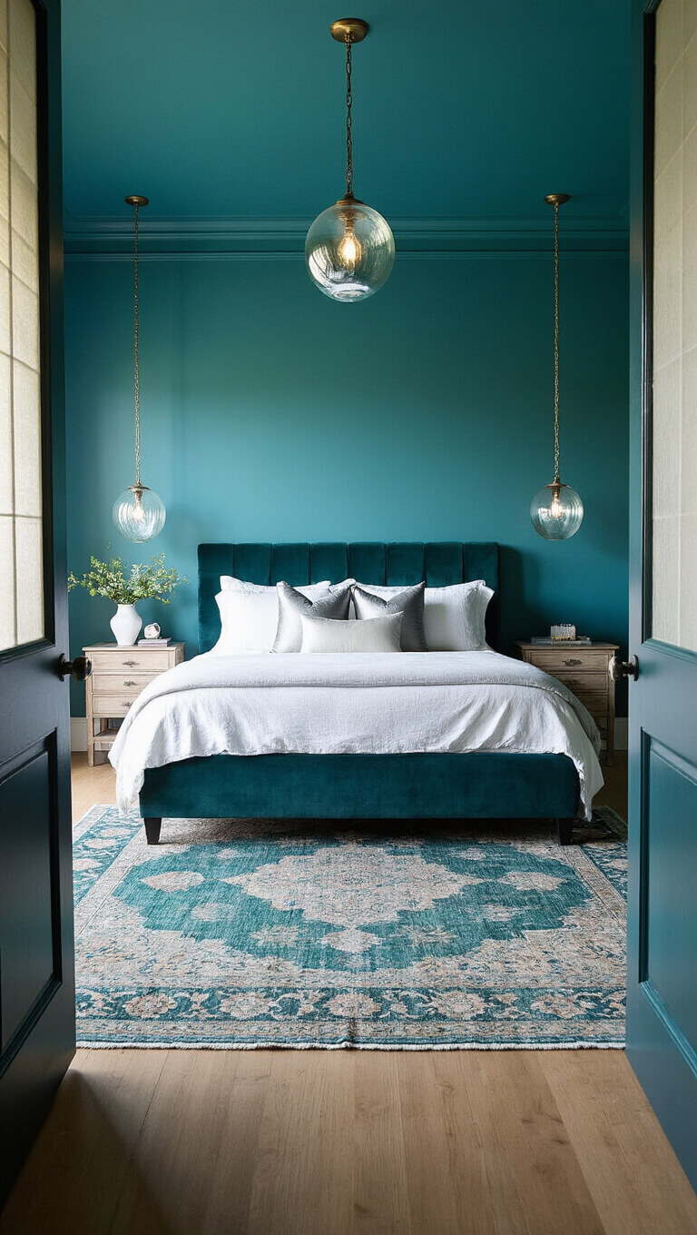 Serene 13x15ft teal bedroom at dawn with upholstered slate velvet bed, white linens, silver accents, peacock-hued vintage rug, pendant lights, and sheer curtains filtering soft morning light.