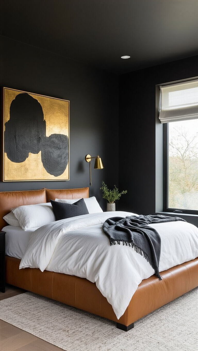 Modern dark graphite bedroom with cognac leather platform bed, white and charcoal bedding, abstract black and gold artwork, brass sconces, and soft natural light filtering through motorized sheers.
