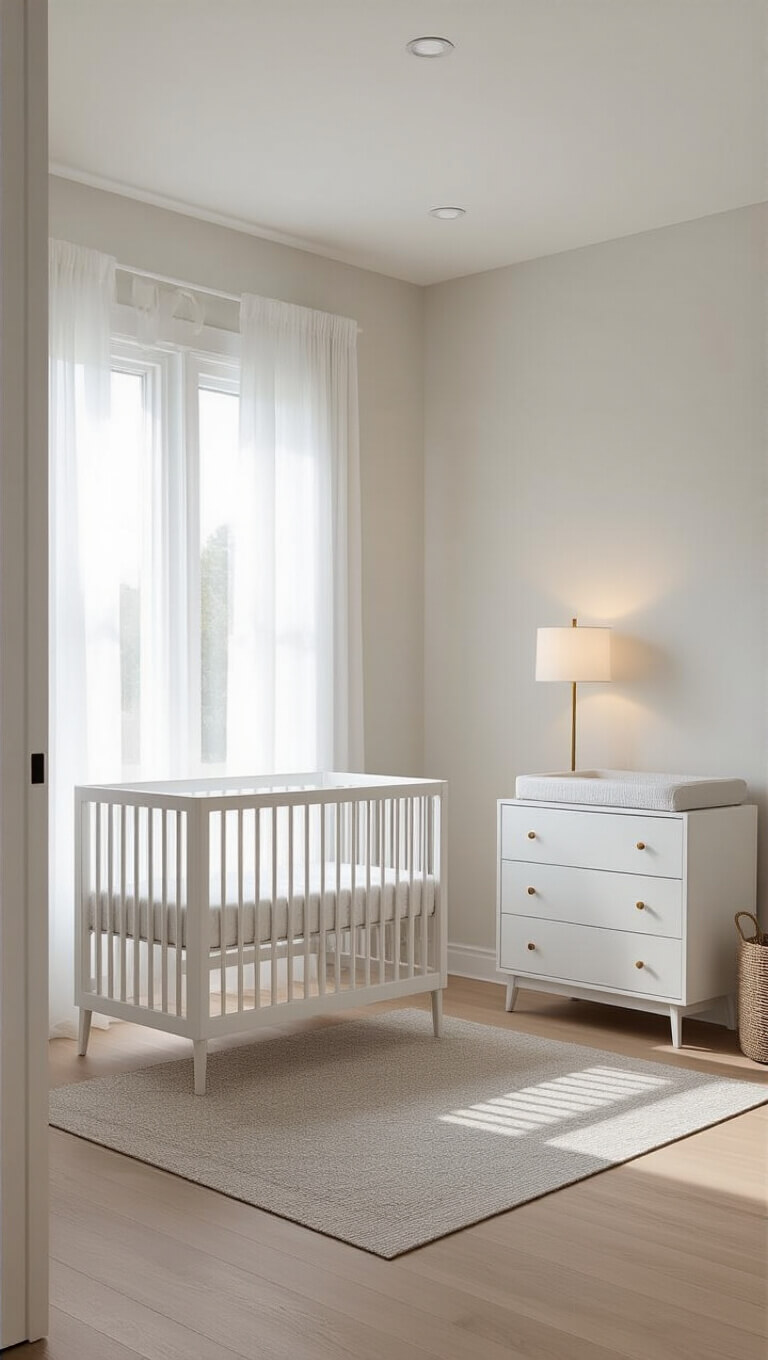 Modern minimalist nursery with white convertible crib, dresser-changing table, light oak floors, and soft natural lighting through sheer curtains.