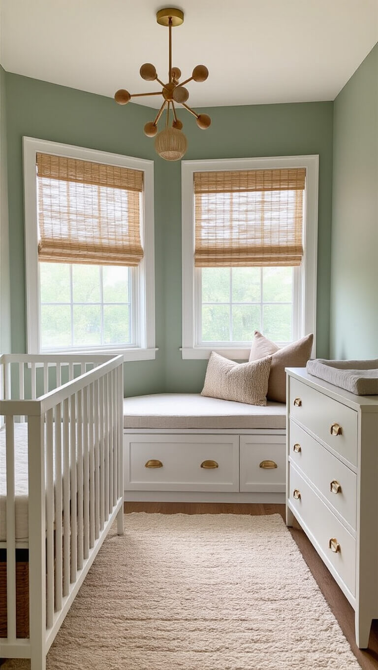 Modern sage green nursery with white crib, cream boucle glider, built-in window seat, and brass-accented dresser in natural light.
