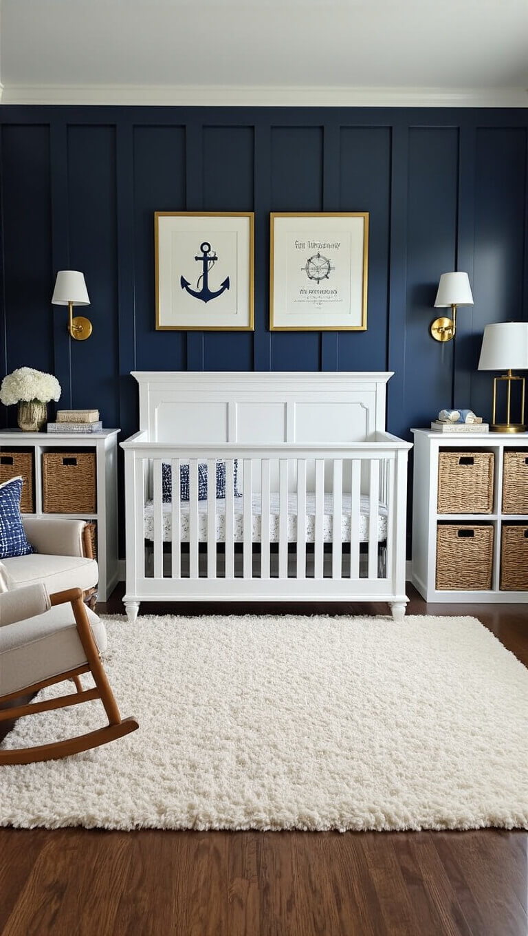 Sophisticated navy-themed nursery with board and batten accent wall, white crib, brass sconces, maritime artwork, ivory rug, cube storage, and cozy reading nook.