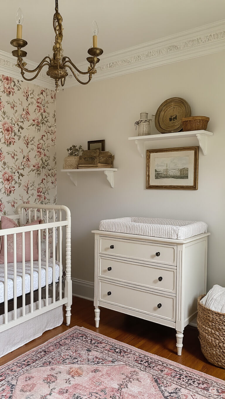 Vintage-inspired nursery with antique crib, floral wallpaper, vintage rugs, and heirloom decor in dusty rose, cream, and soft gray tones.