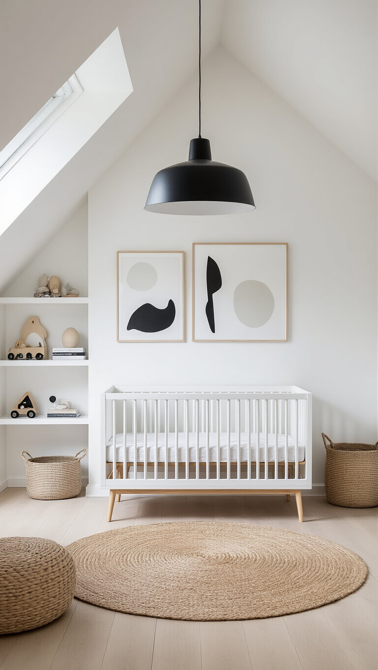 Scandinavian-style nursery with white walls, pale ash flooring, pitched 10ft ceiling, minimalist crib, abstract black-and-white art, jute rug, modern pendant light, and built-in shelves with neutral toys and books.