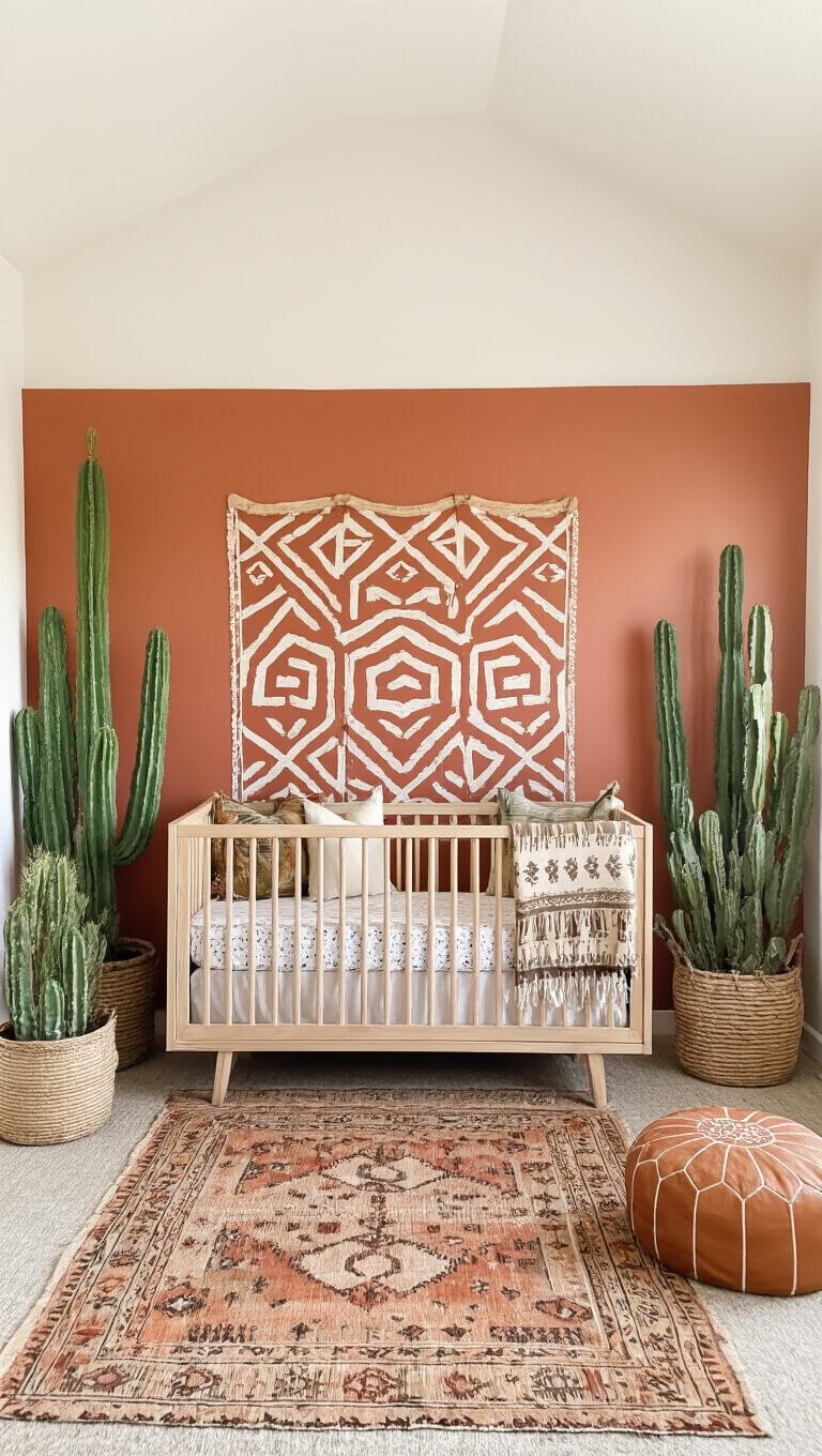 Sunlit desert boho nursery with terra cotta accent wall, natural wood crib, cacti, vintage runner, and earthy decor elements.