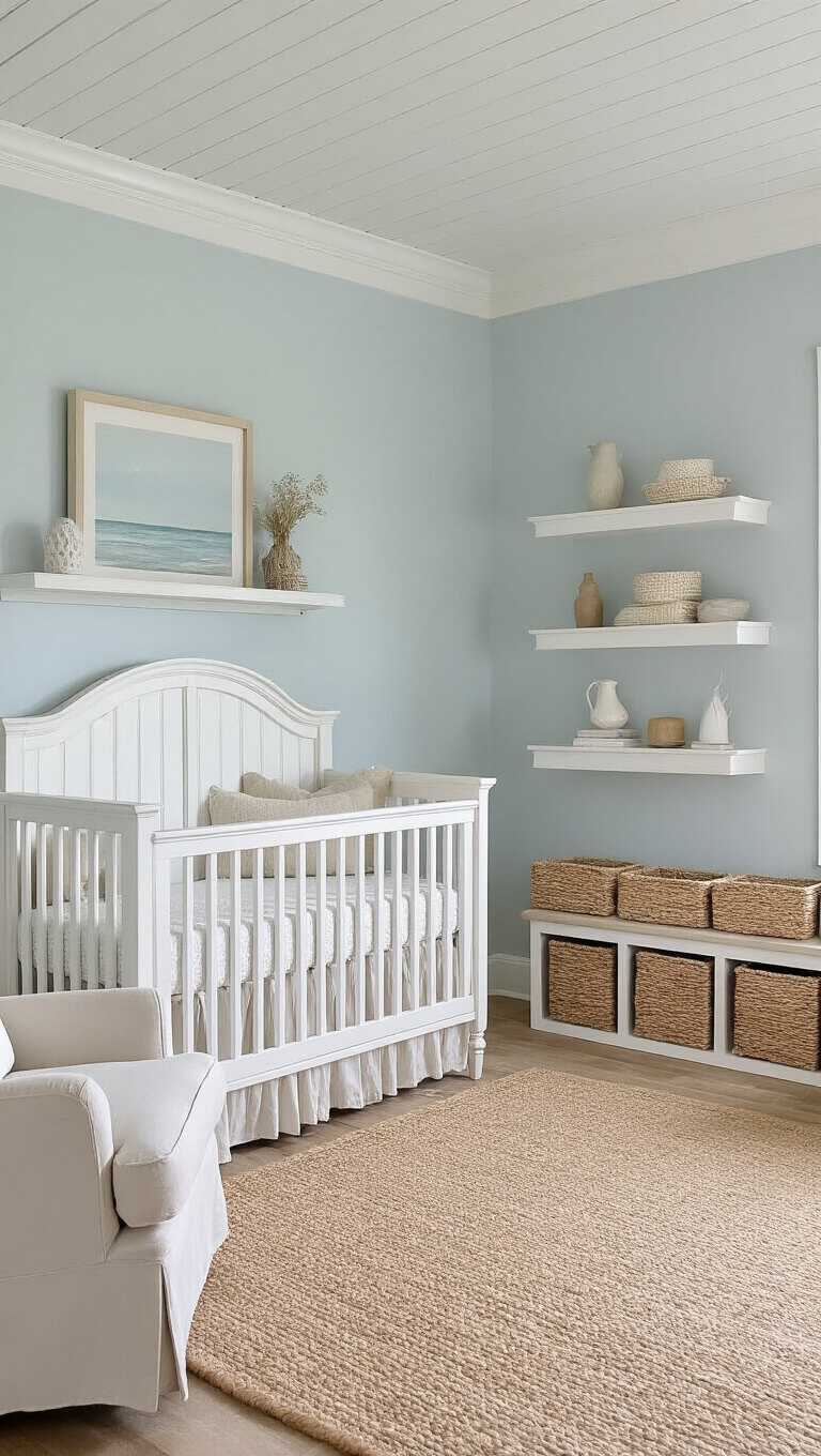 Light-filled coastal nursery with white spindle crib, soft blue-gray walls, beadboard ceiling, seagrass baskets, and whitewashed furniture in airy 14x14ft space.