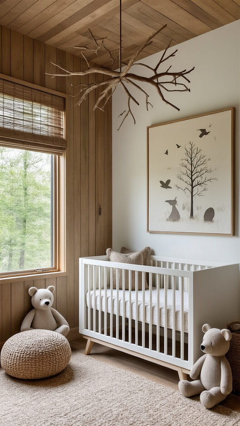 Modern woodland-themed nursery with white crib, wood slat accent wall, tree branch mobile, neutral stuffed animals, and forest view through woven blinds.