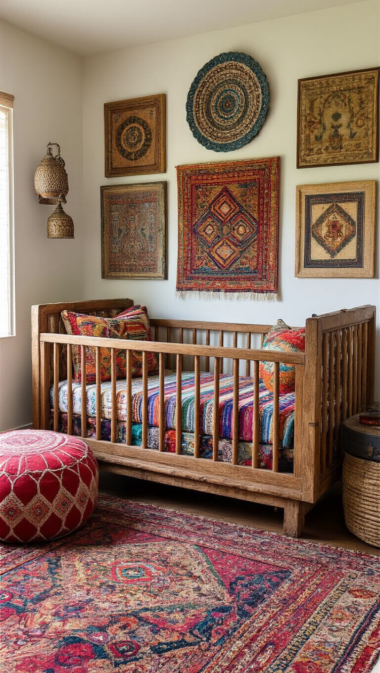 Vibrant 12x14ft nursery with carved wooden crib, global textiles, international art gallery wall, Moroccan pouf, Indian dhurrie rug, vintage trunk toy storage, and jewel-toned decor.