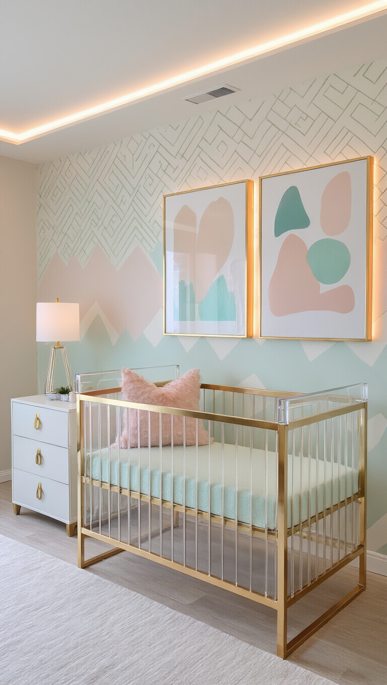 Modern pastel nursery with acrylic crib, geometric wallpaper, and lucite-brass accents in mint, blush, and pearl tones, softly lit by LED cove lighting.
