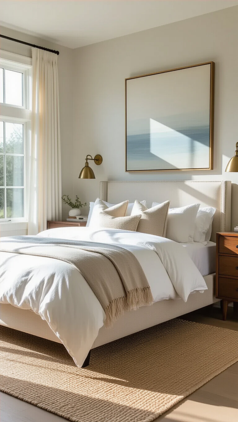 Serene master bedroom with upholstered queen bed, soft layered bedding, and morning light through floor-to-ceiling windows.