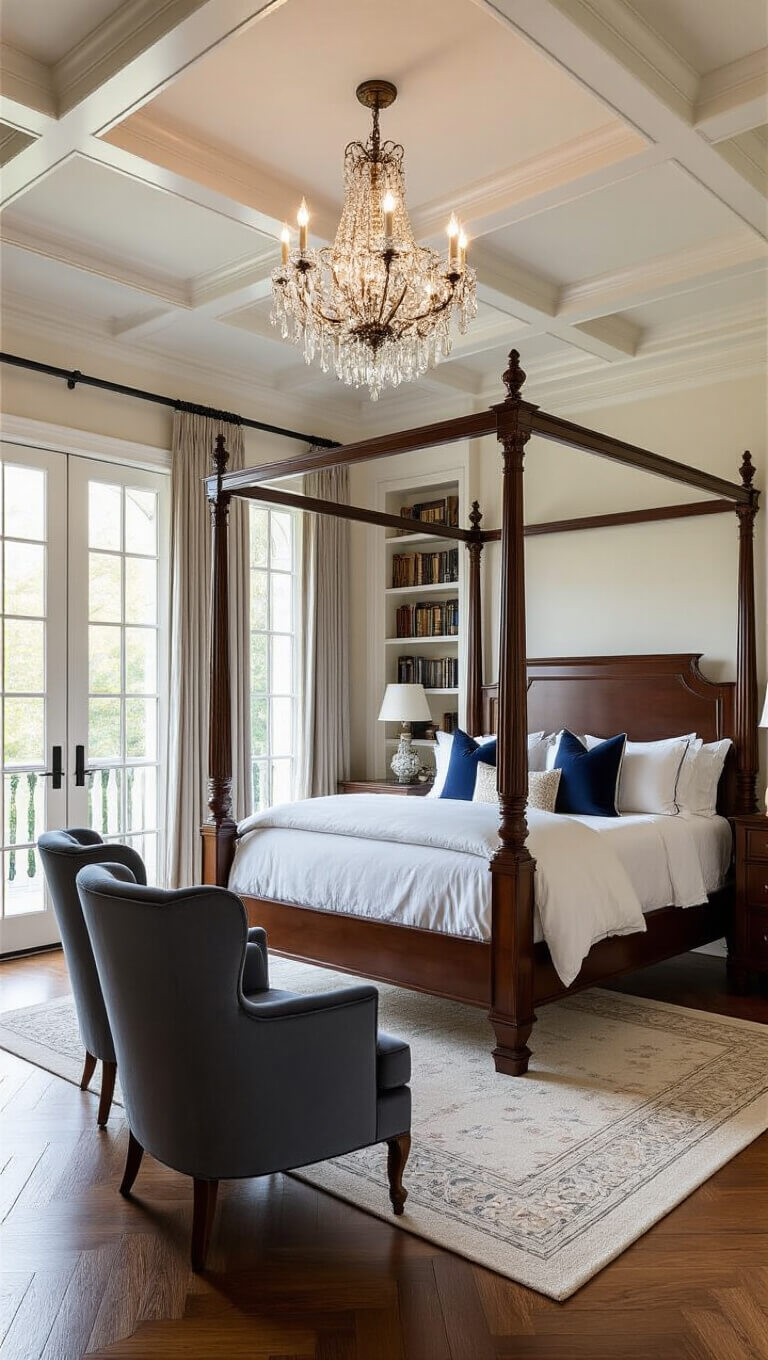 Elegant 12x14ft bedroom at golden hour with mahogany four-poster bed, crystal chandelier, coffered ceilings, built-in bookshelves, french doors, silk drapes, herringbone floors, and slate velvet wingback chairs.
