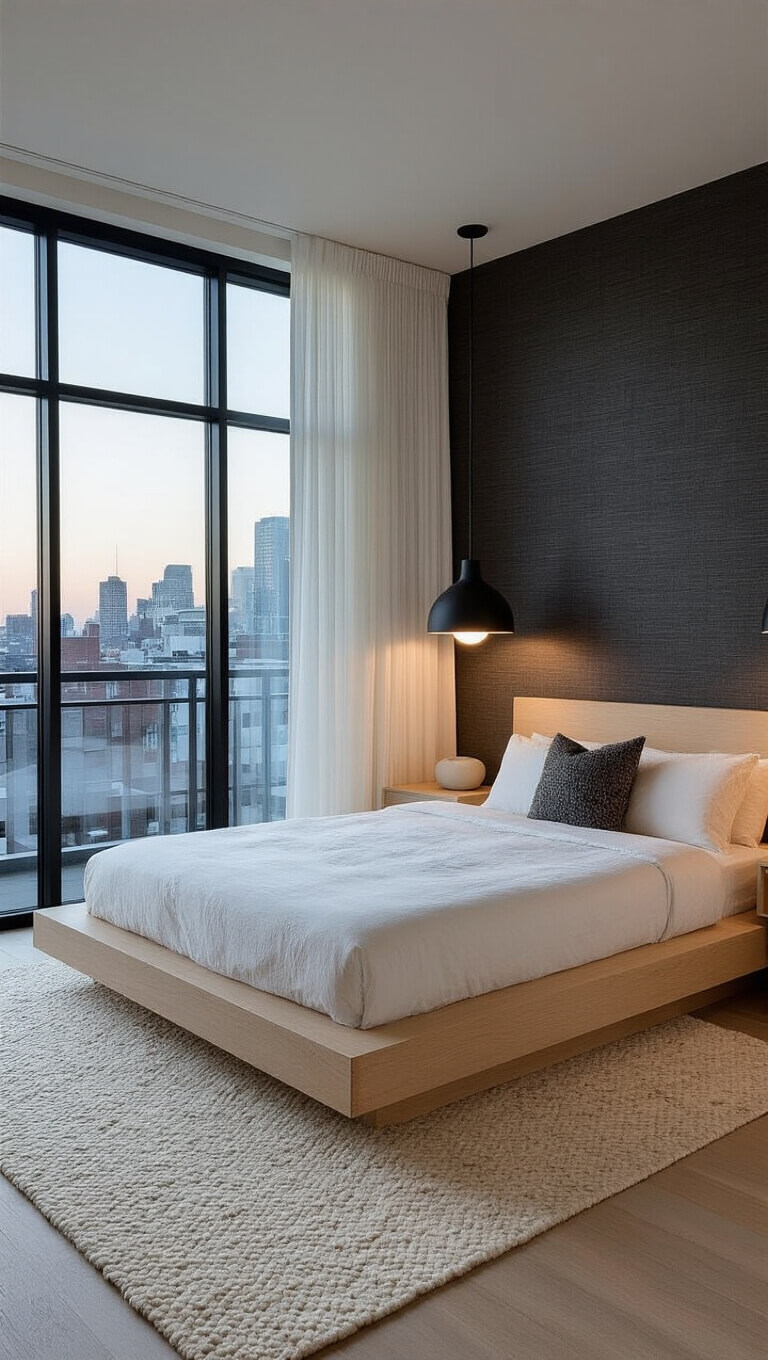 Modern 15x18ft primary bedroom at dusk with minimalist bleached oak platform bed, charcoal grasscloth wallpaper, asymmetric black pendant lights, floor-to-ceiling windows with city views, and cream-gray geometric rug.