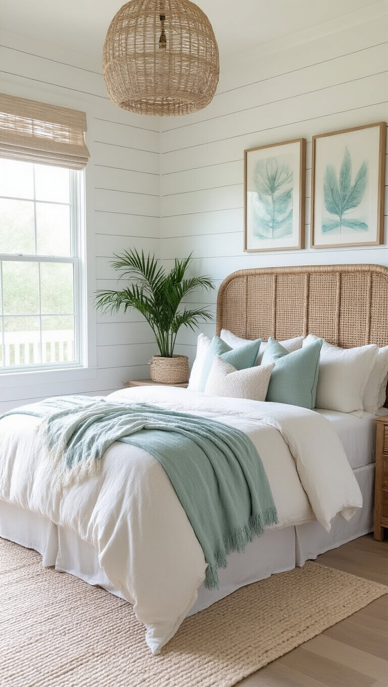 Coastal-themed bedroom with white shiplap wall, rattan headboard, seafoam and beige linens, capiz shell chandelier, and potted palms in natural morning light.