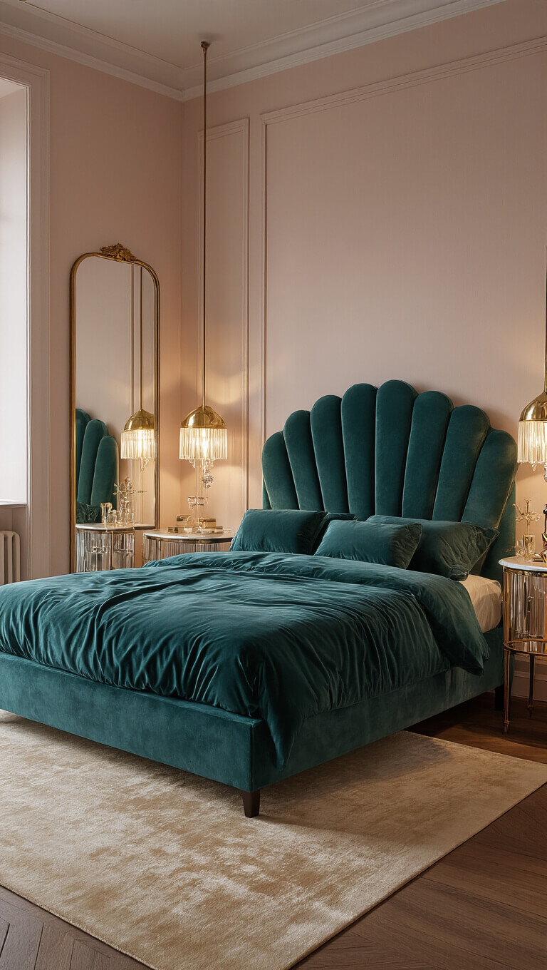 Art deco-inspired teal velvet bed in a blush-toned bedroom at twilight with brass lamps, crystal tables, and gold-framed floor mirrors.