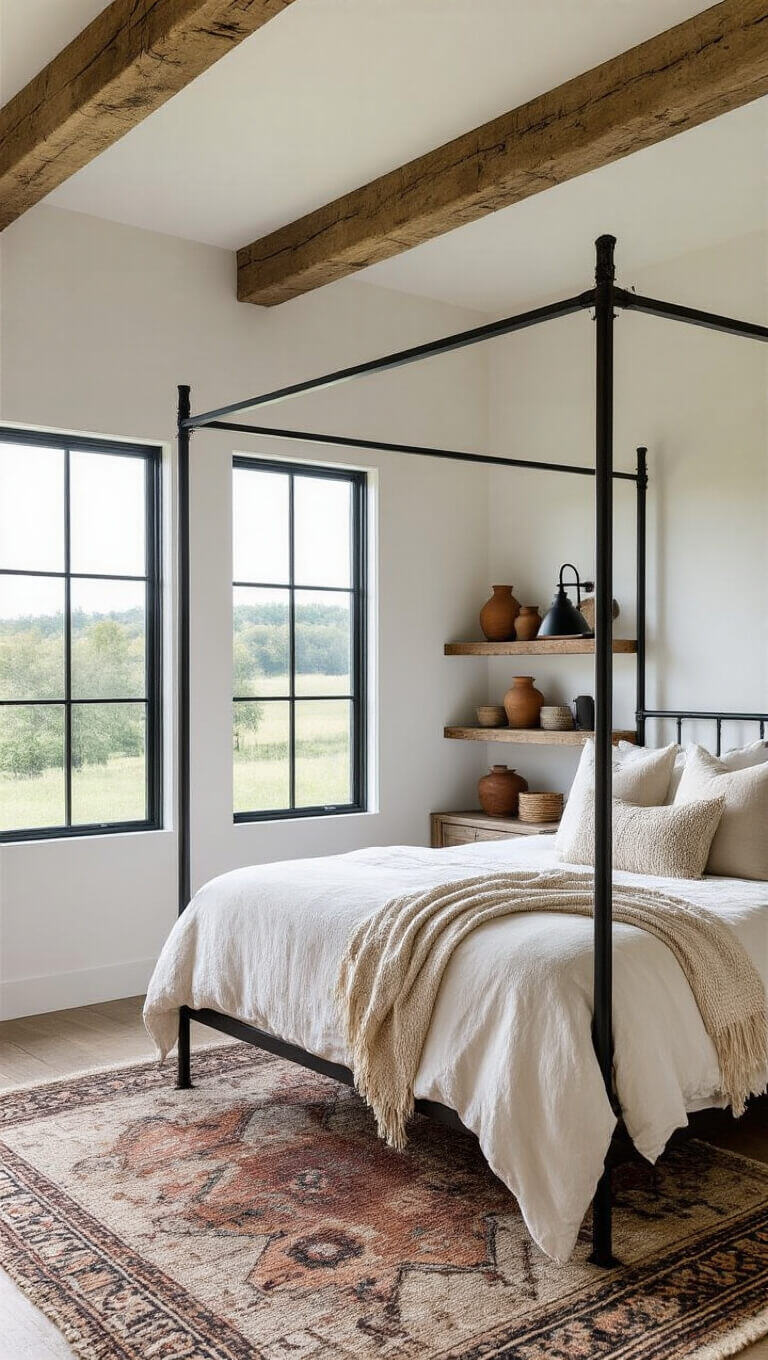 Modern farmhouse bedroom with iron canopy bed, reclaimed wood beam ceiling, kilim rug, and black steel-framed windows in late afternoon light.