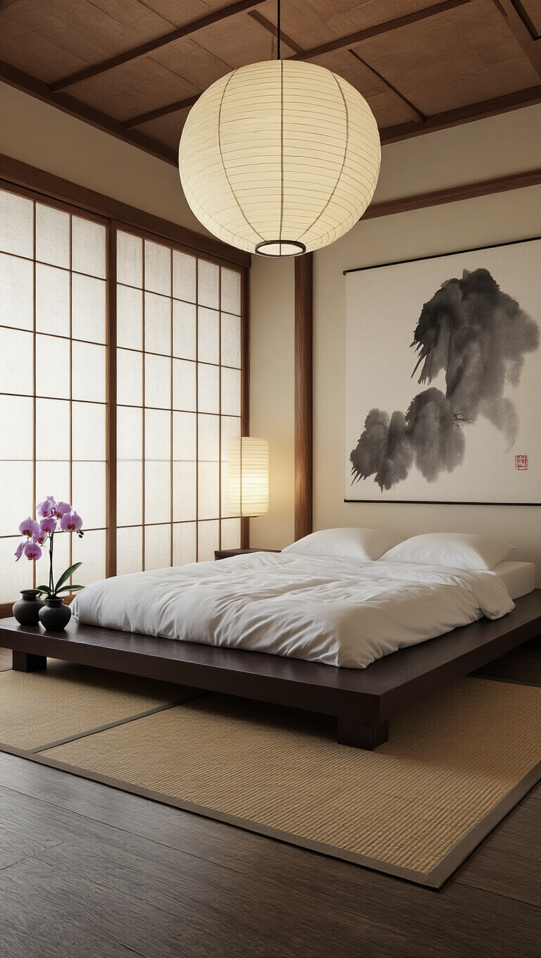 Zen-style bedroom at dawn with low dark walnut platform bed, white linens, rice paper screens, bamboo floors, Japanese ink art, and soft lantern light.