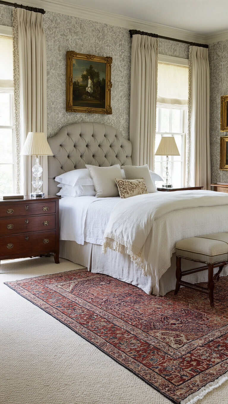 Elegant traditional bedroom with tufted gray headboard, damask wallpaper, crystal lamps, mahogany nightstands, ivory carpet, Persian runner, and gilded oil paintings.