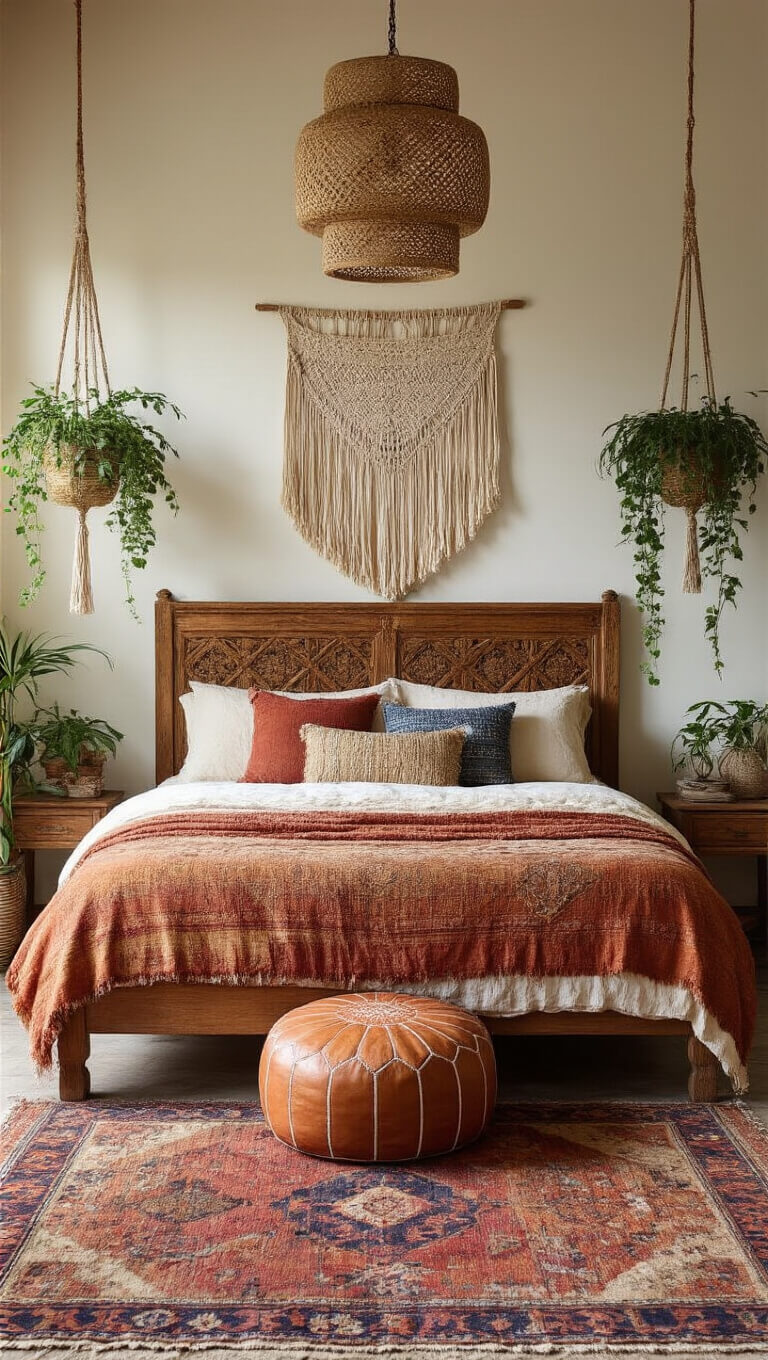 Bohemian 13x14ft bedroom with carved wooden bed, vintage textiles, macramé wall hanging, Moroccan pouf, hanging plants, rattan pendant, and layered warm-toned rugs.