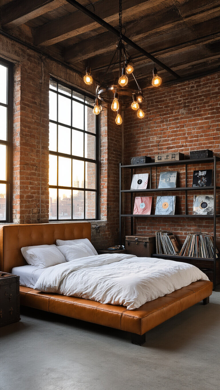 Low-angle view of industrial loft bedroom with exposed brick walls, steel windows, and cognac leather platform bed on concrete floor at sunset.