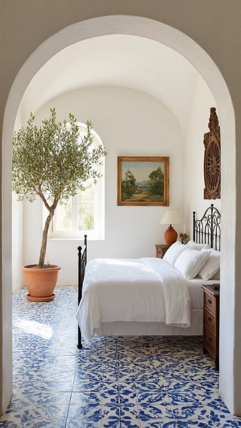 Mediterranean-style bedroom with wrought-iron bed, terra cotta accents, hand-painted tile floor, whitewashed walls, and potted olive tree in morning light.
