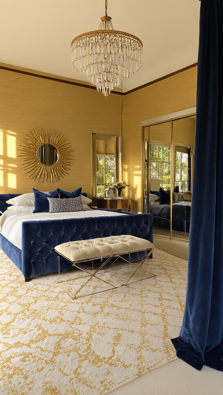Opulent 16x18ft bedroom at golden hour with navy tufted velvet bed, gold grasscloth walls, crystal chandelier, silk cream and gold carpet, lucite side tables, and velvet drapes framing garden view.