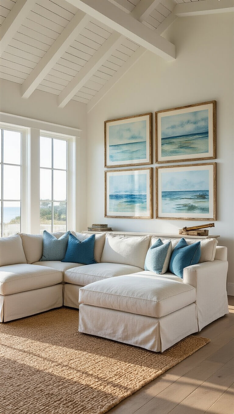 Coastal living room with vaulted ceilings, oatmeal linen sectional, seascape gallery wall, jute rug, and golden late-afternoon light streaming through tall windows.