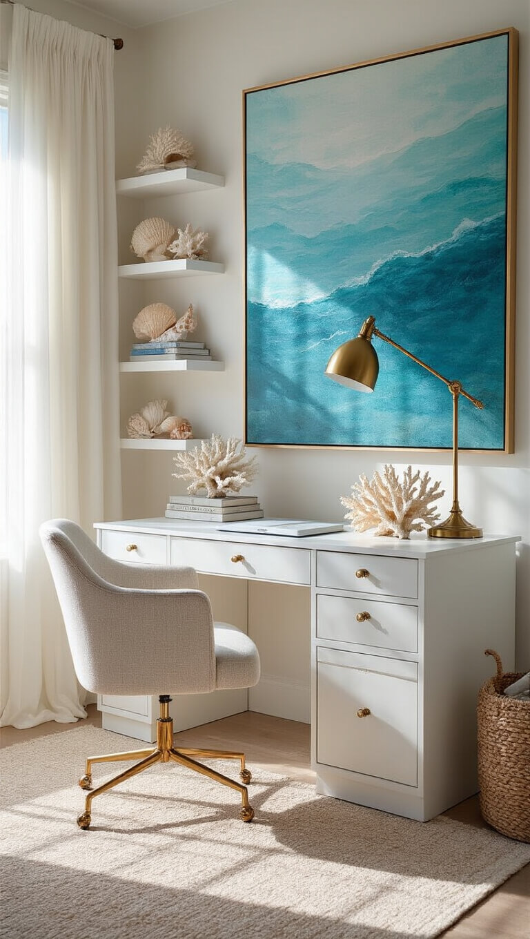 Modern coastal home office with white desk, coral decor, and ocean artwork bathed in soft morning light.
