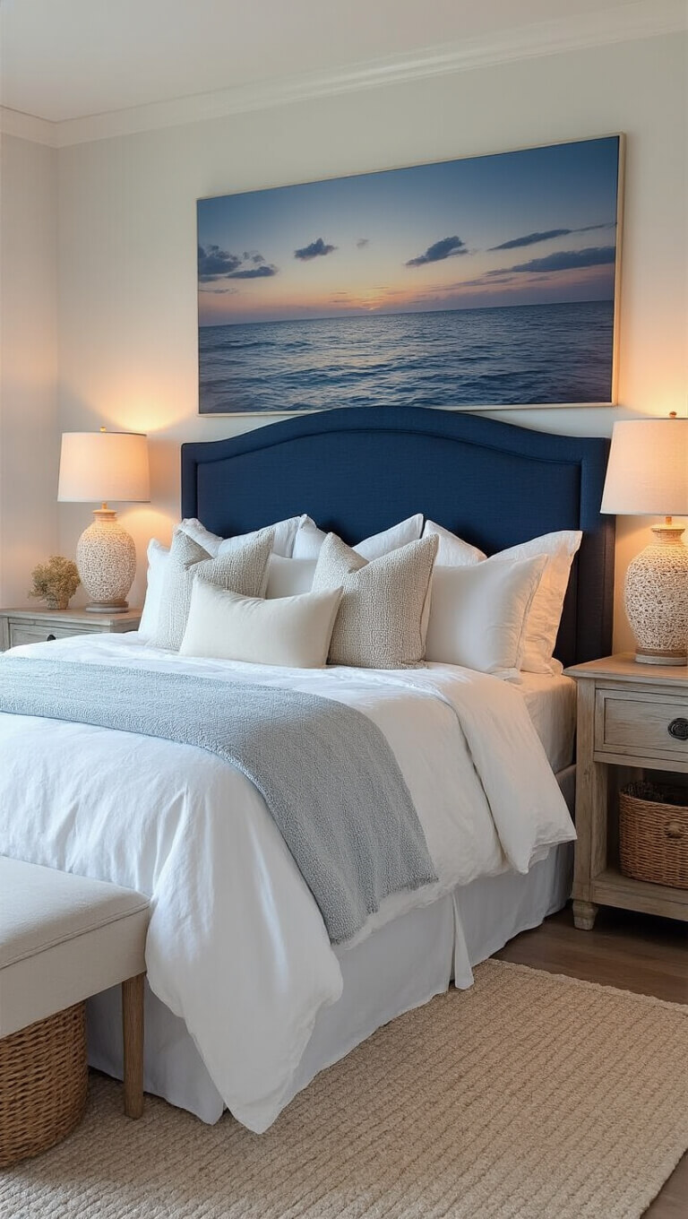 Coastal-themed master bedroom at twilight with ocean wall art, navy headboard, layered neutral bedding, driftwood nightstands, capiz lamps, and nautical decor.