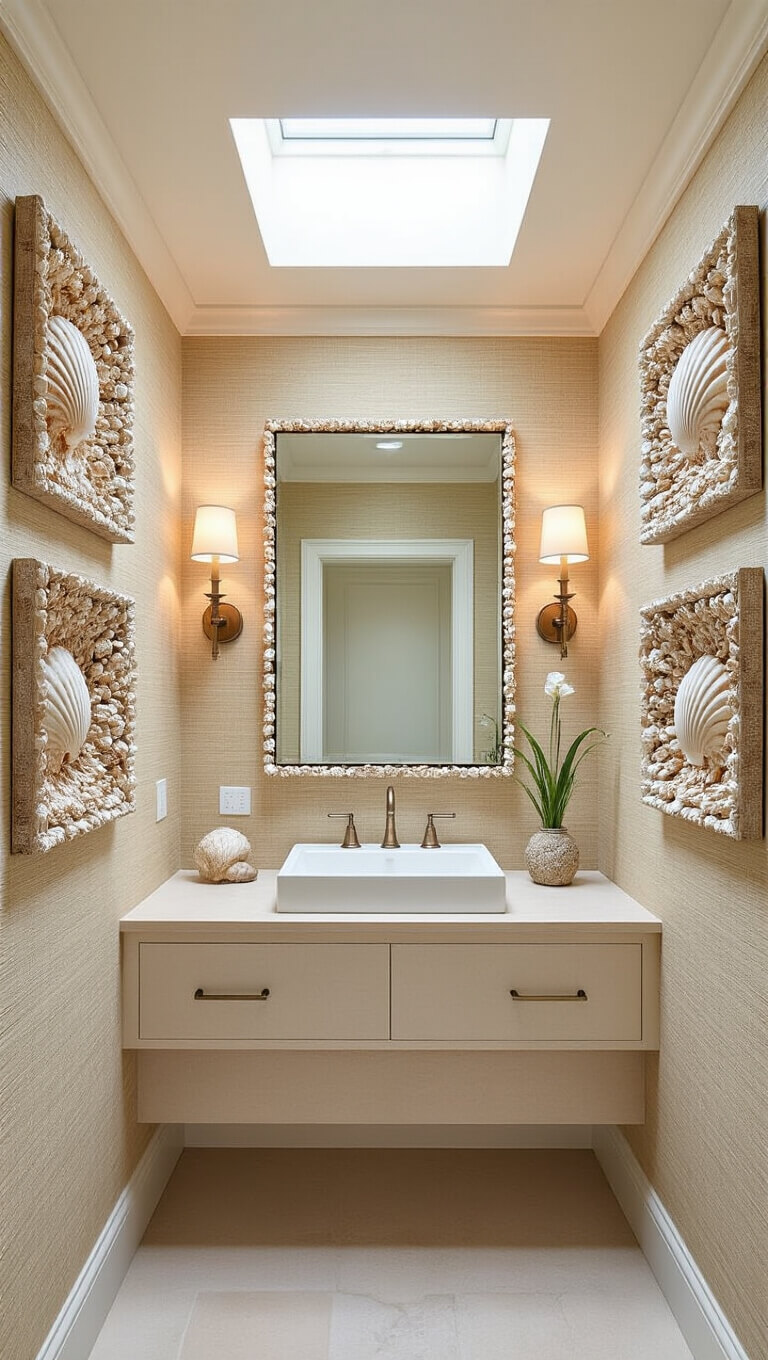 Bright coastal-themed powder room with shell-encrusted shadow boxes, floating vanity beneath an antiqued mirror, sandy beige grass cloth wallpaper, and modern seeded glass sconces.